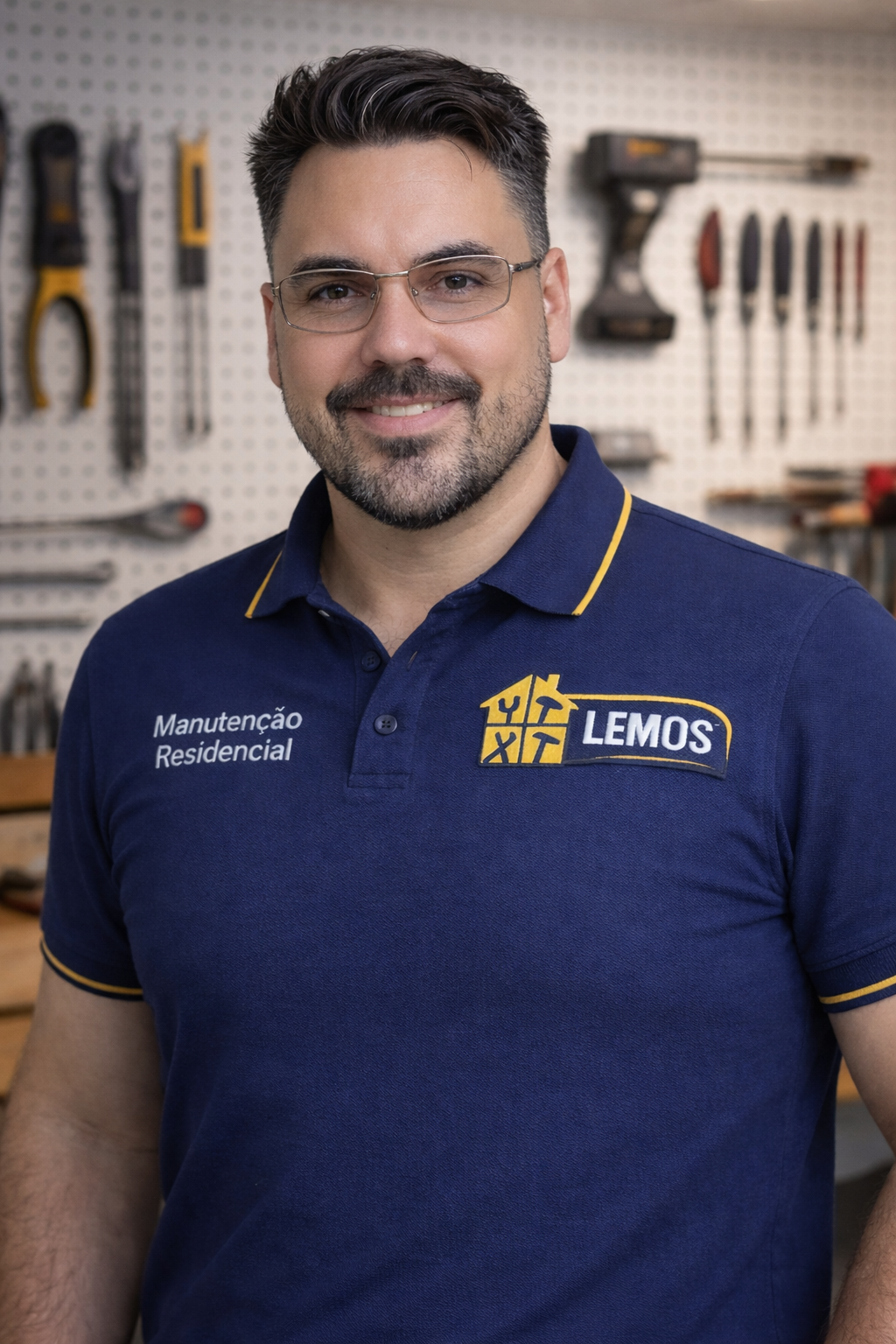 Anderson Lemos, responsável técnico da Lemos Bom Negócio, com uniforme Manutenção Residencial na bancada de ferramentas